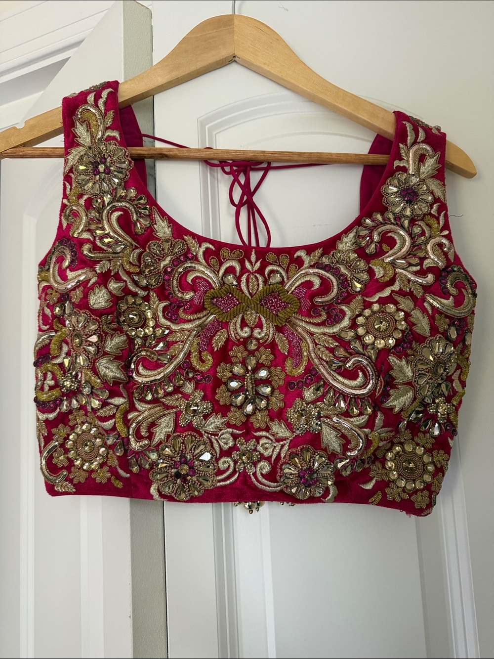 Hot Pink and tan velvet and net Lengha